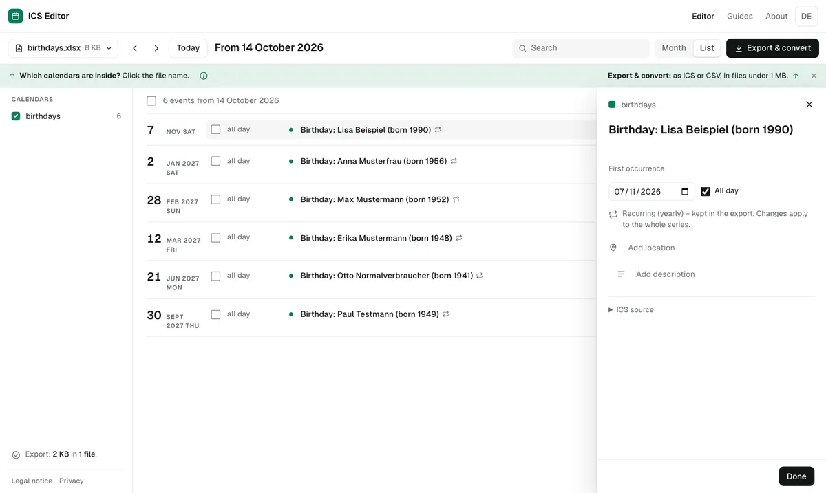 A birthday list becomes yearly all-day events – shown with a repeat icon in the list.