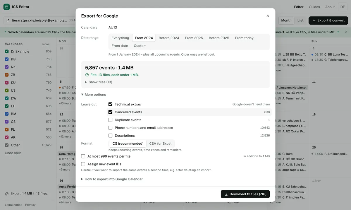 Shrinking: export only recent years or, under “More options”, leave out extras, descriptions and cancelled events – size and file count update instantly.