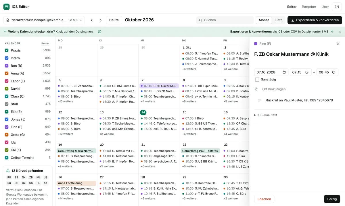 Datei öffnen: Links die Kalender der Datei, in der Mitte der Monat. Ein Klick auf einen Termin öffnet ihn rechts zum Bearbeiten.
