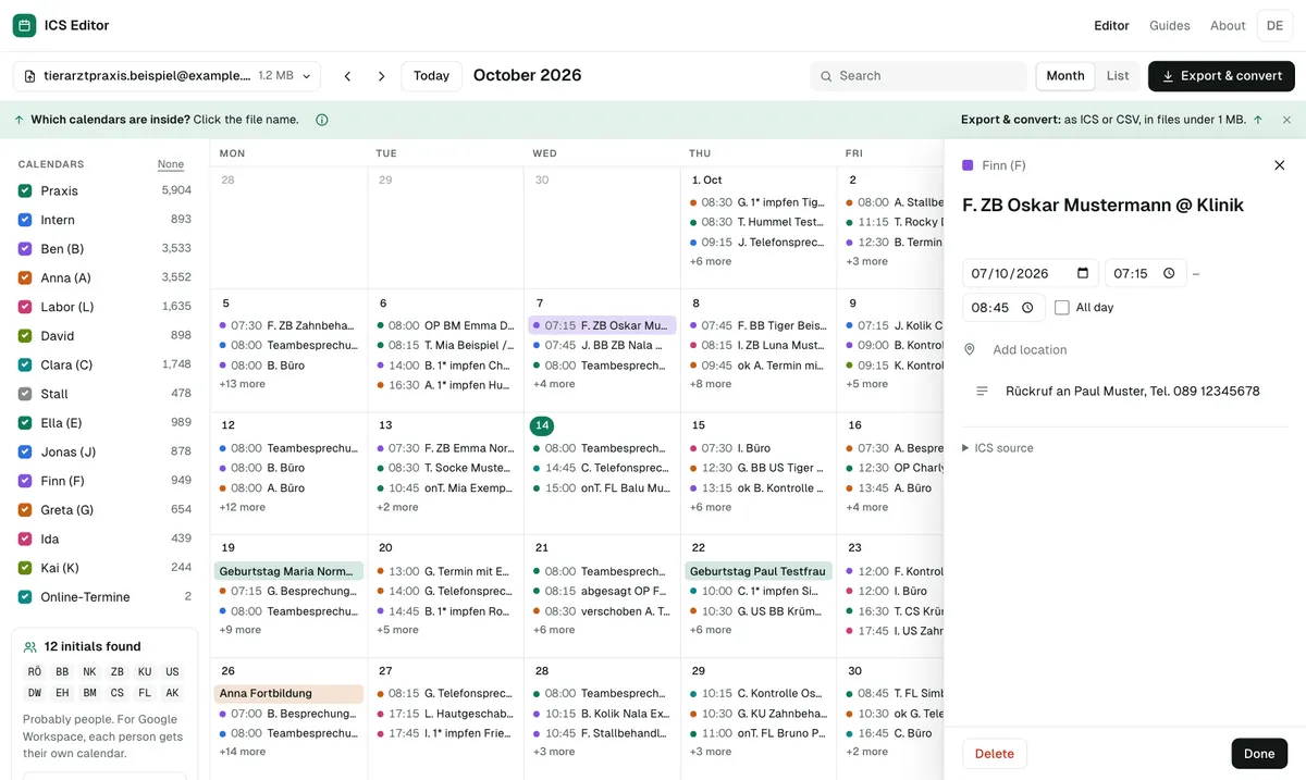 Open a file: the calendars in the file on the left, the month in the middle. Click an event to edit it on the right.