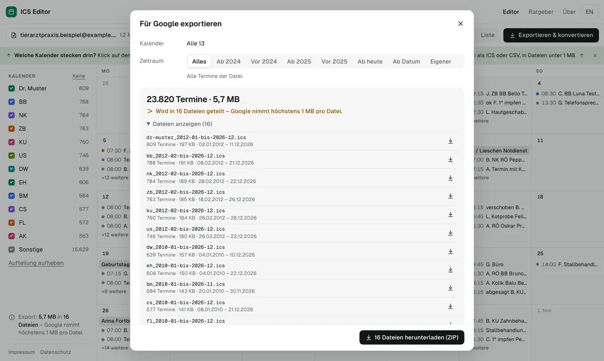 Exportieren: Zeitraum wählen, Ergebnis sehen, herunterladen. Zu große Dateien werden automatisch in Teile unter 1 MB geteilt.