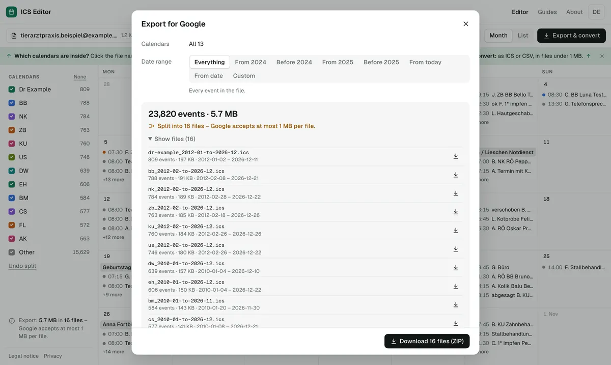 Export: choose a date range, see the result, download. Files that are too large are split into parts under 1 MB automatically.