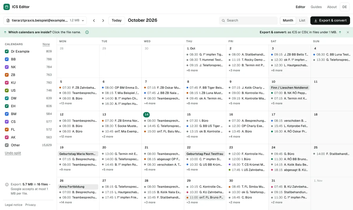 Split: detected initials become separate calendars. The colours show where each event goes.
