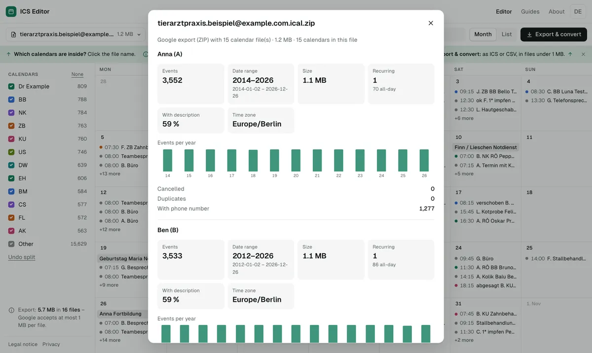 File info shows events, date range, size, recurring events and time zone for each calendar – plus events per year.