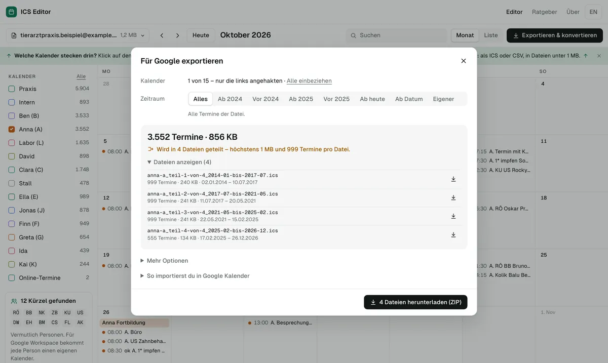 Nur der Kalender „Anna (A)“ angehakt und „Höchstens 999 Termine pro Datei“: Der ICS Editor teilt in vier Dateien und zeigt je Teil Zeitraum und Zahl der Termine (Beispieldaten).