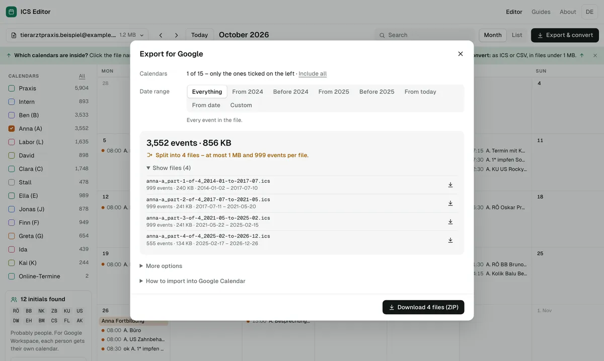 Only the calendar “Anna (A)” ticked and “At most 999 events per file”: the ICS Editor splits into four files and lists each part’s date range and event count (example data).