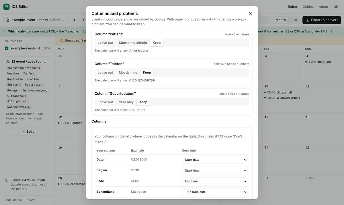 Before converting, columns with names, phone numbers or birth dates can be left out or shortened.