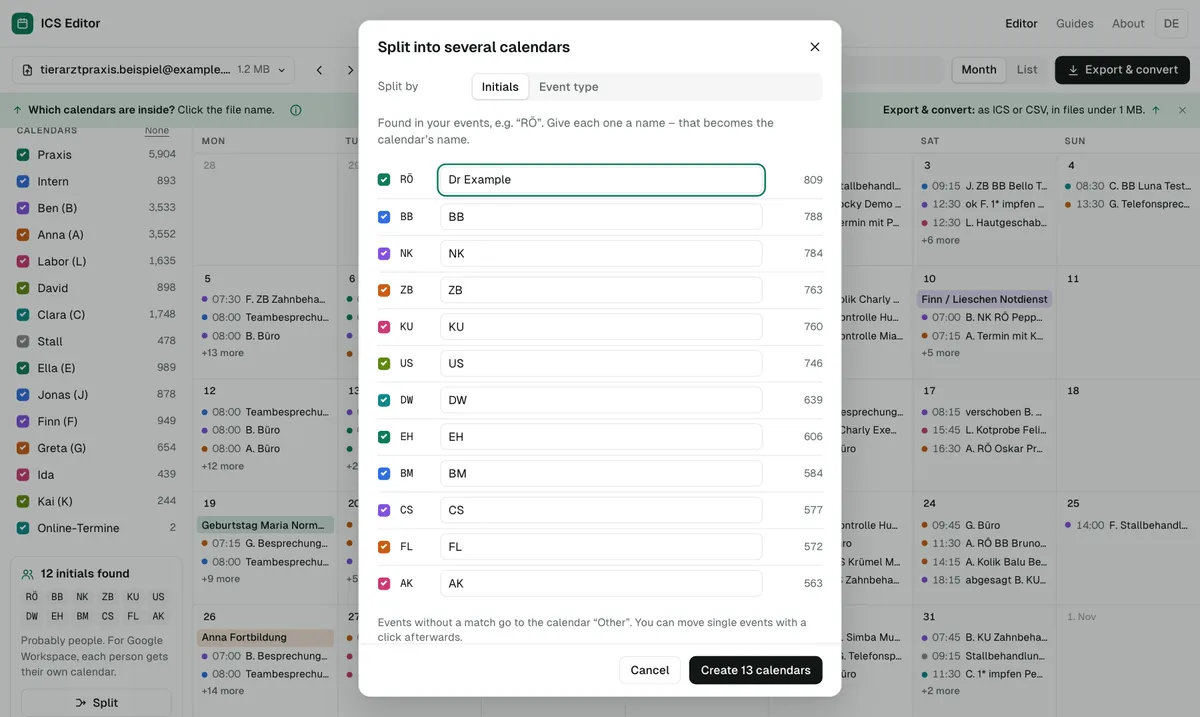 One click on “Split” turns each set of initials into its own calendar – with a name, a colour and its event count.